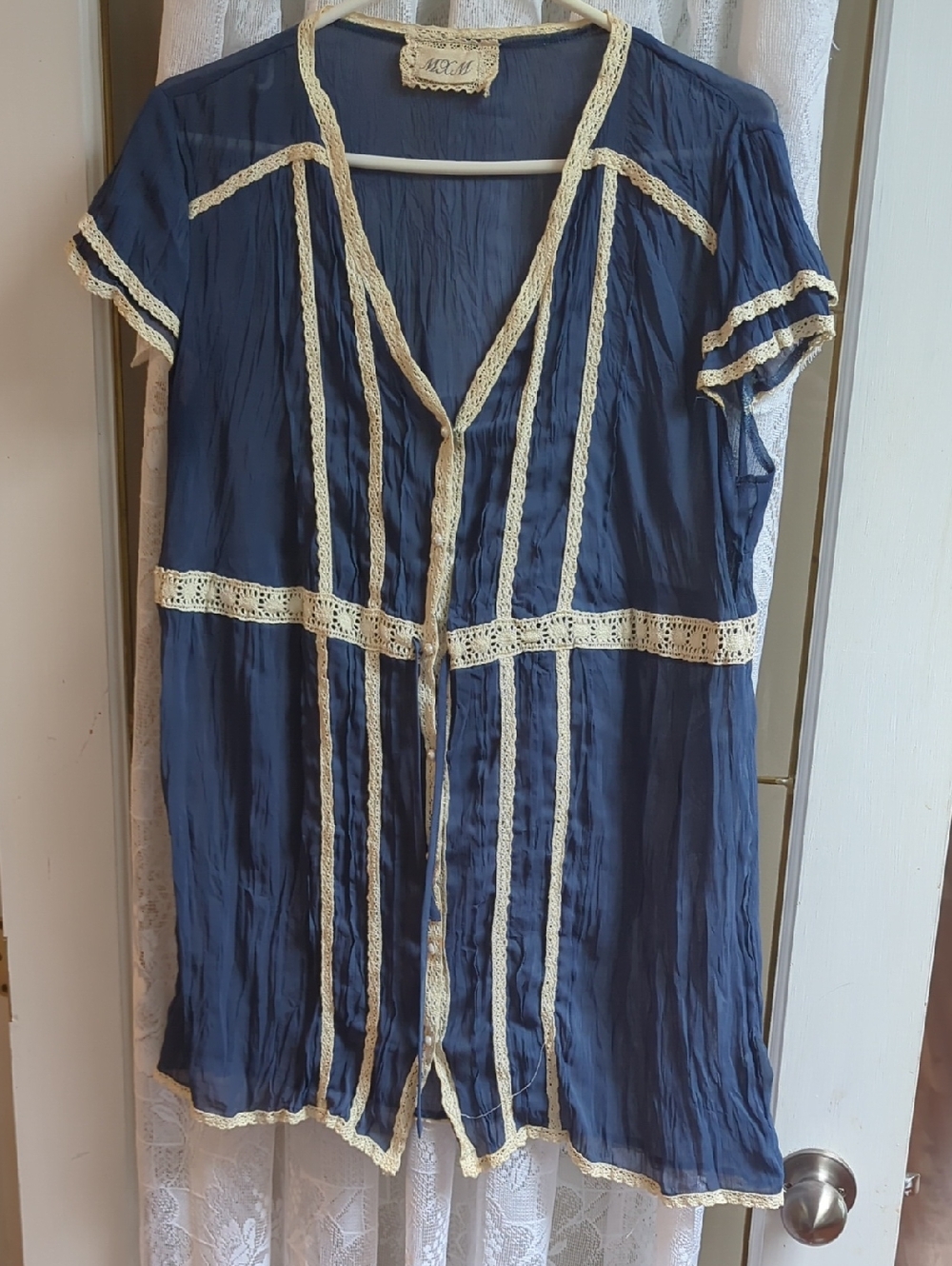 MXM Navy Blue and Cream Lace-Trim Short Sleeve Blouse